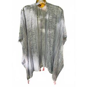 Modena Women’s Kimono with  Blue and white floral geometric with Tassels OS